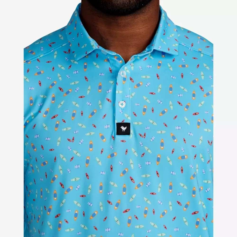 Bad Birdie Dock Solid Short Sleeve Golf Polo Shirt Blue Boat Print 2XL Stretch